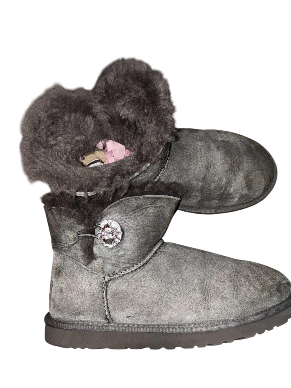 UGG Gray Suede Short Shearling Boots with Embellished Logo SZ 7